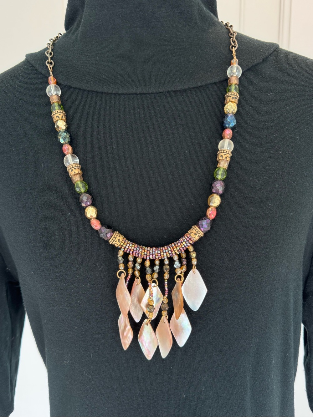 Handcrafted Multicolor Bead & Pink Shell Fringe Necklace - Women Jewelry